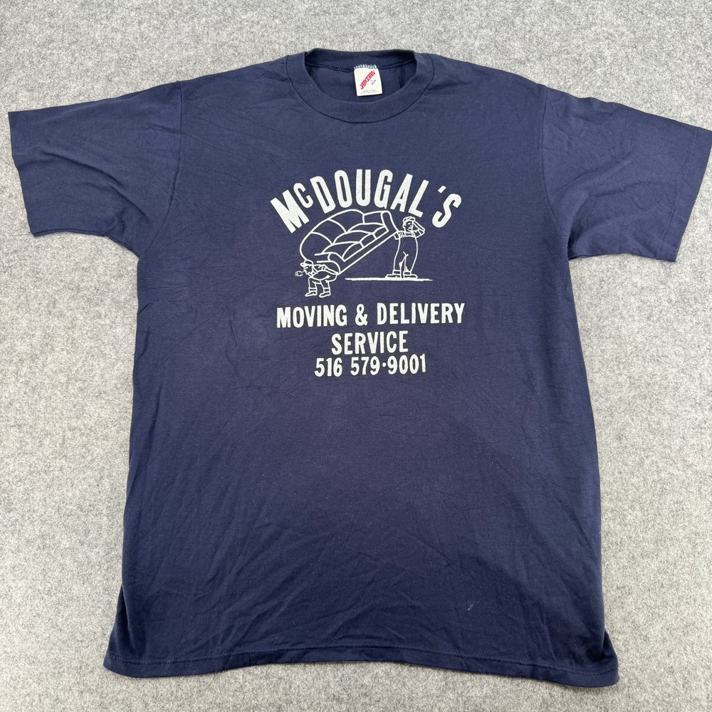 Vintage 90s Jerzees McDougals Moving Service T-Shirt Navy Blue Single Stitch L
